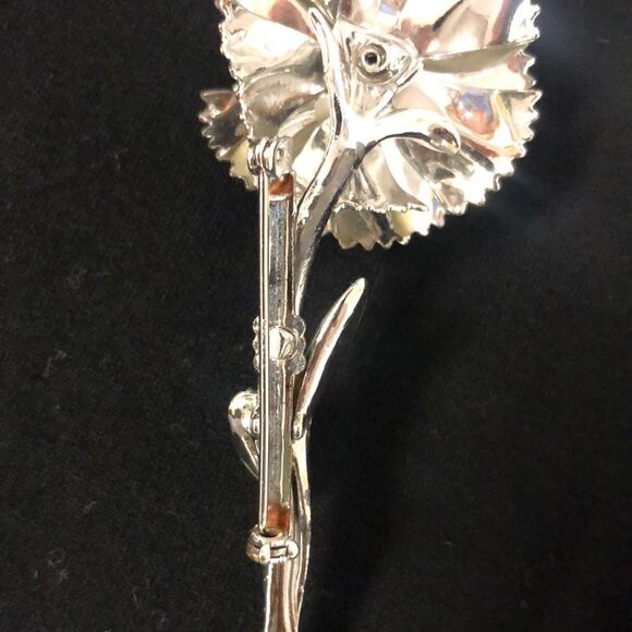 Vintage Silver Tone with Matte Color Three Rhinestones Carnation Brooch - Picture 9 of 9